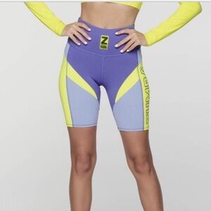 ZUMBA FOREVER HIGH WAISTED BIKER SHORTS - COLOR BLLOCK PERIWINKLE NWT